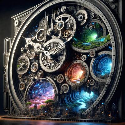 The primary subject of the image is a large, intricate clock with multiple faces and gears. The clock is set against a backdrop of a cityscape, featuring a mix of buildings and a river. The visual style of the image is a combination of digital art and illustration, creating a unique and detailed representation of the clock. The colors and mood of the image are predominantly dark and moody, with the clock and cityscape serving as the focal points of the scene.